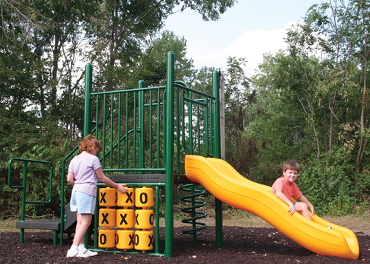 Image shows various letters in the tic tac toe panel however the Jeremy playground set comes with X's and O's only in this panel.